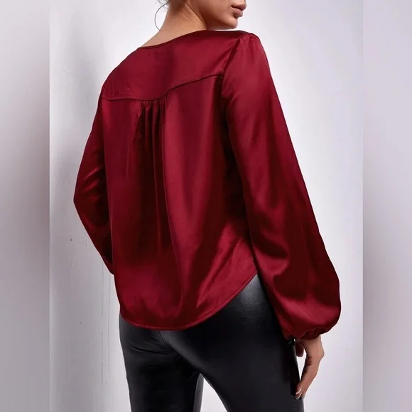 NEW - Elegant‎ Burgundy Satin Blouse - Picture 2 of 6